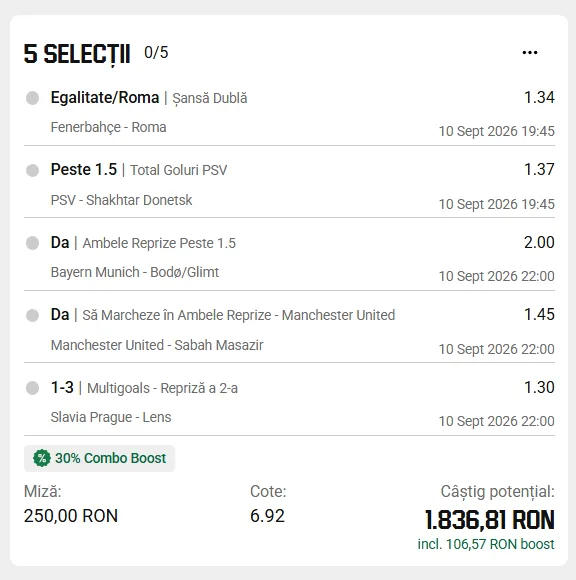 BILETUL ZILEI: am jucat curajos și am făcut o cotă 7, din 5 meciuri 4 Biletul zilei Unibet